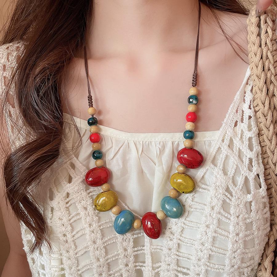 Винтажное богемное этническое ожерелье с подвеской из керамических бусин