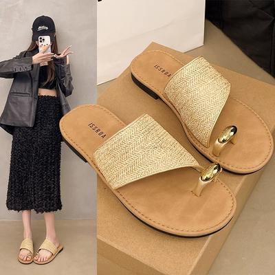 Виноградная мама тот же праздничный стиль металлический темперамент квадратный носок балетки 2025 лето трава плетеная закрытый носок прохладные шлепанцы женские