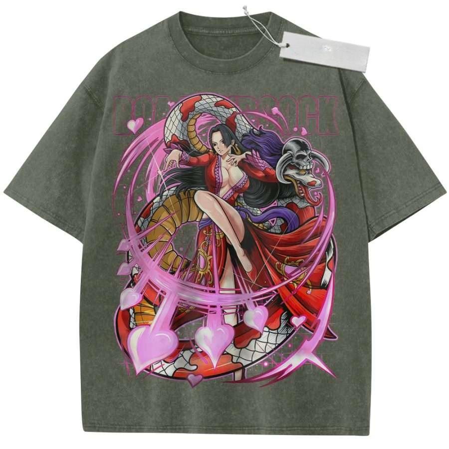 Vintage Washed Black TShirt One Piece Anime Boa Hancock Snake Print Oversized Streetwear for Casual Daily Wear