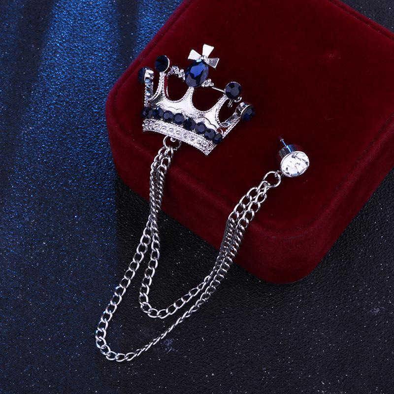Crystal Men Brooch Pin Crown Fashion Collar Pins Suit Lapel Wedding Gift Jewelry Cross Chain
