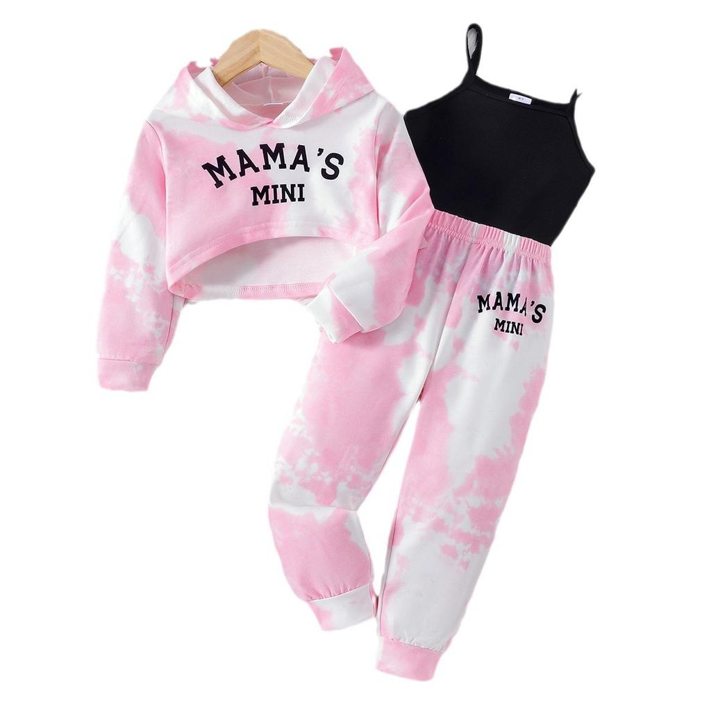 Комплект одежды для девочек, осенне-зимний детский повседневный комплект из трех предметов: толстовка с капюшоном и буквенным принтом + подтяжки + брюки