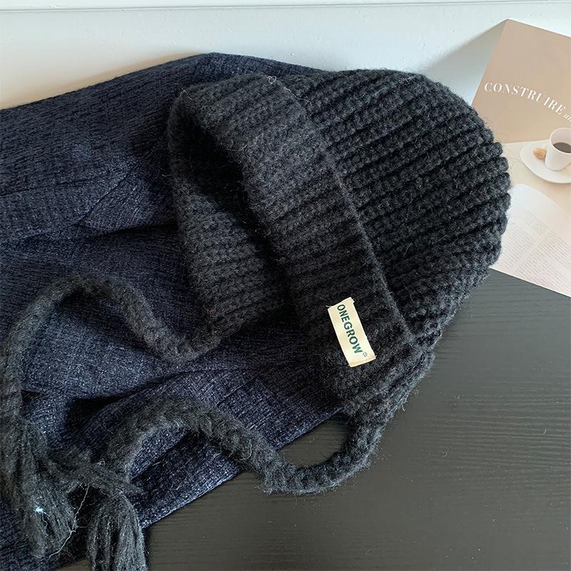 Синяя балаклава женская осенне-зимняя теплая защита ушей вязаная шерстяная шапка, подчеркивающая маленькое лицо и ветрозащитная шапка-мешок для головы