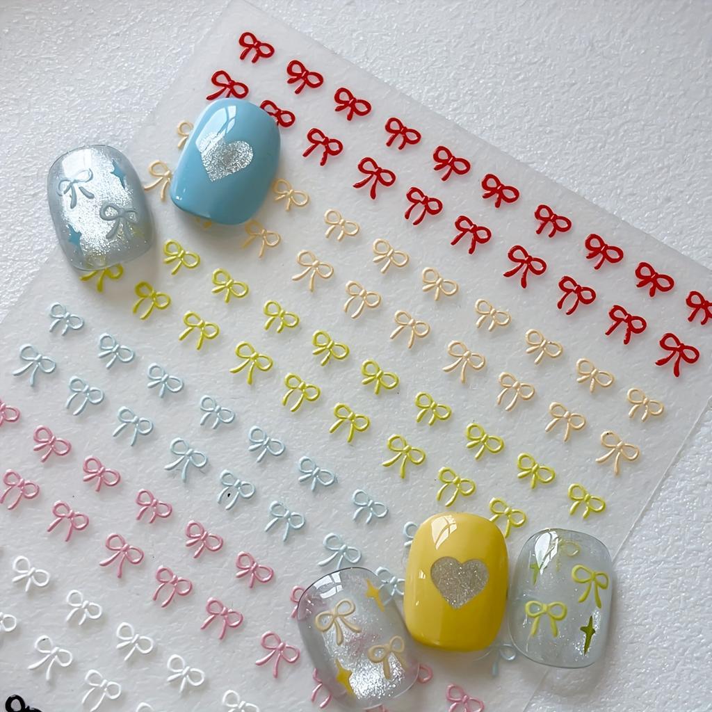 1pc Embossed Colorful Bow Nail Stickers, Multicolor Simple Decoration Decals for DIY Nails Small Bow Patterns