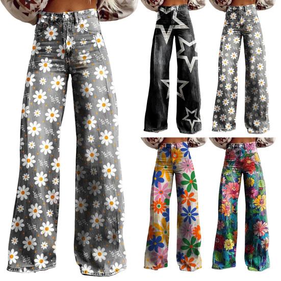 Yousheng Women Retro Pants High Waist Button Zipper Fly Pockets Long Trousers Digital Floral Print Casual Pants Distressed Straight Wide Leg Pants