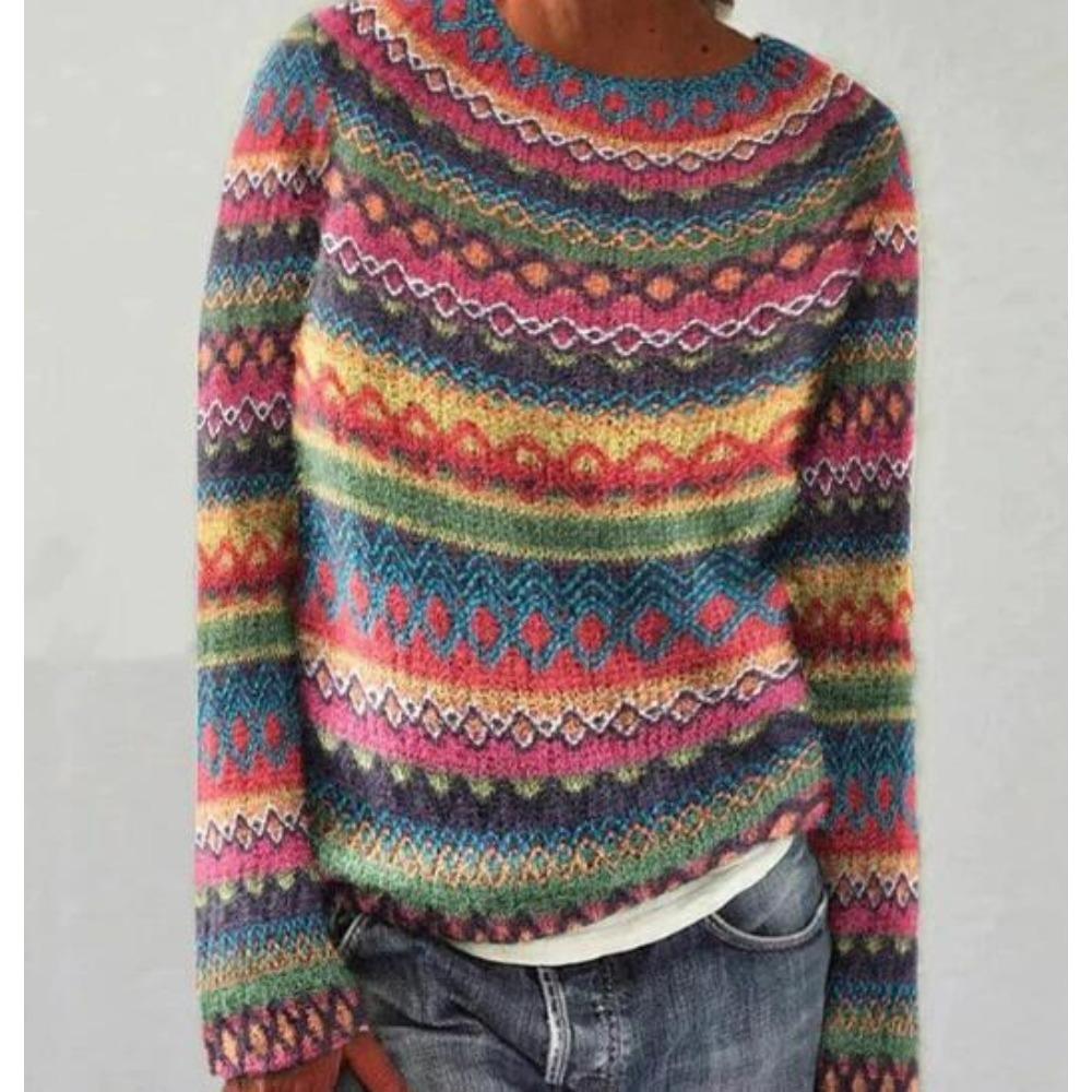 JPNTKY Women's Fashion Casual  Autumn Winter Stripe Print Long Sleeve O-Neck Loose Sweaters