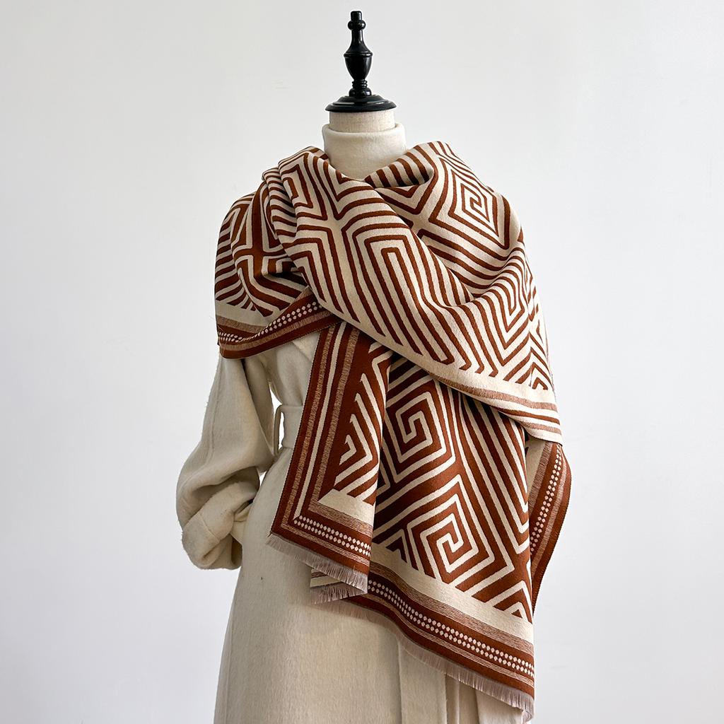 Роскошный шарф с геометрическим принтом для женщин, теплый зимний пашмина, двусторонние шарфы, шали, женский толстый плед, накидки, фуляр