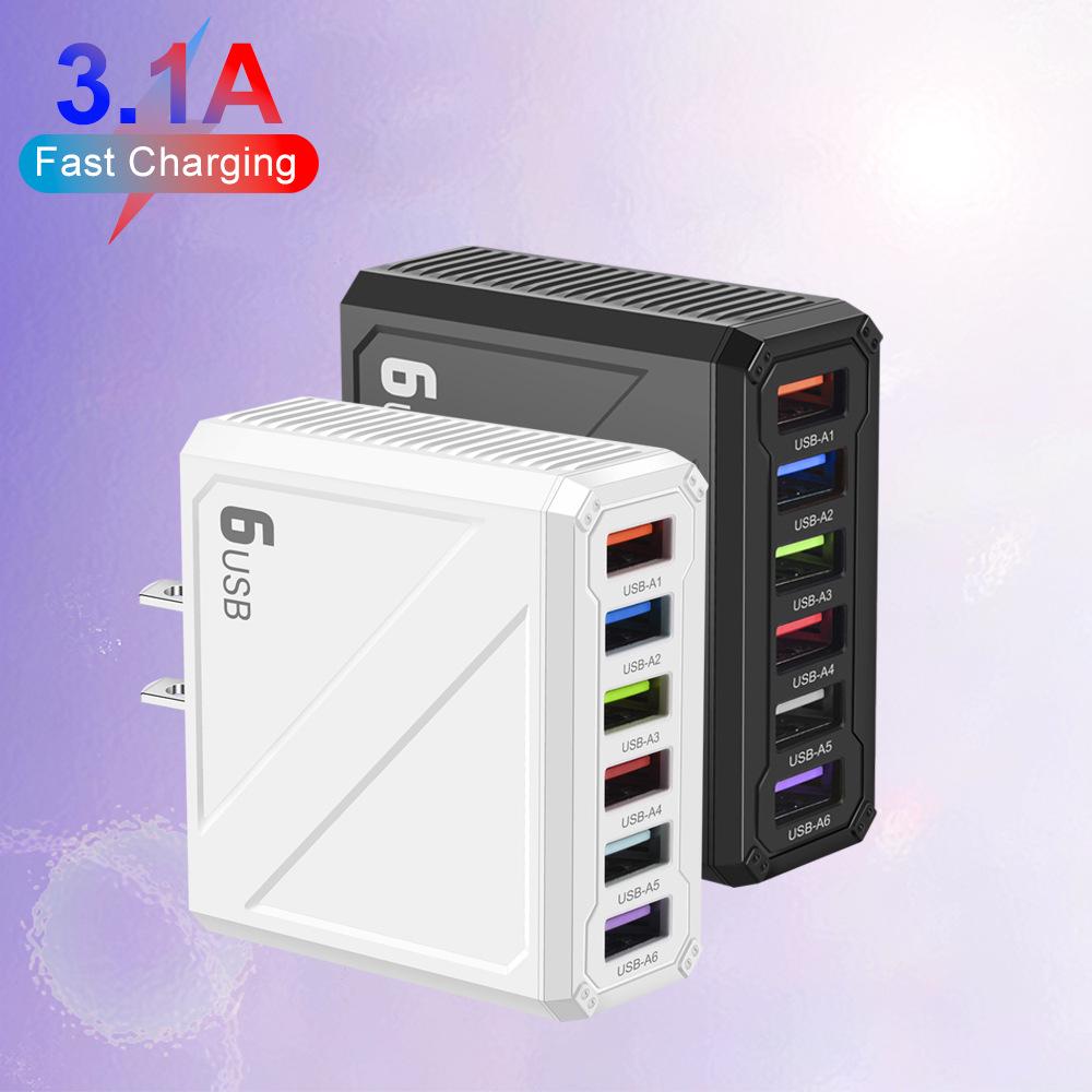 Универсальное 6-портовое USB-зарядное устройство 3.1A с европейской, американской, британской и корейской вилками