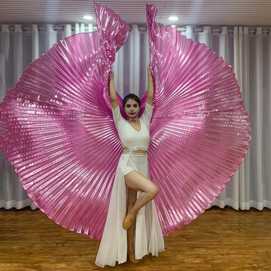 1 Set Performance Telescopic Rod 360 Wings Egyptian Degree Belly Dance Cape with Costume Pleated Bright