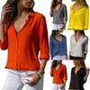 Office Lady Autumn Deep V Neck Turn Down Collar Chiffon Loose Buttons Down Shirt
