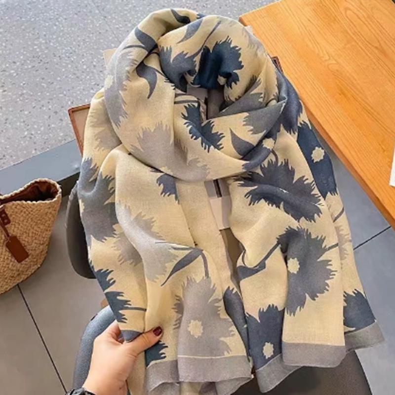 Korean Style Floral Cotton Linen Scarf - Versatile Autumn/Winter Shawl for Women