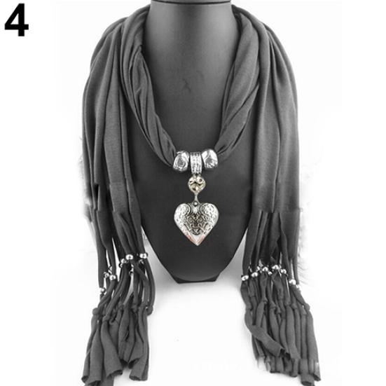 Women Fashion Soft Bead Tassels Scarf with Love Heart Charm Pendant Accessory
