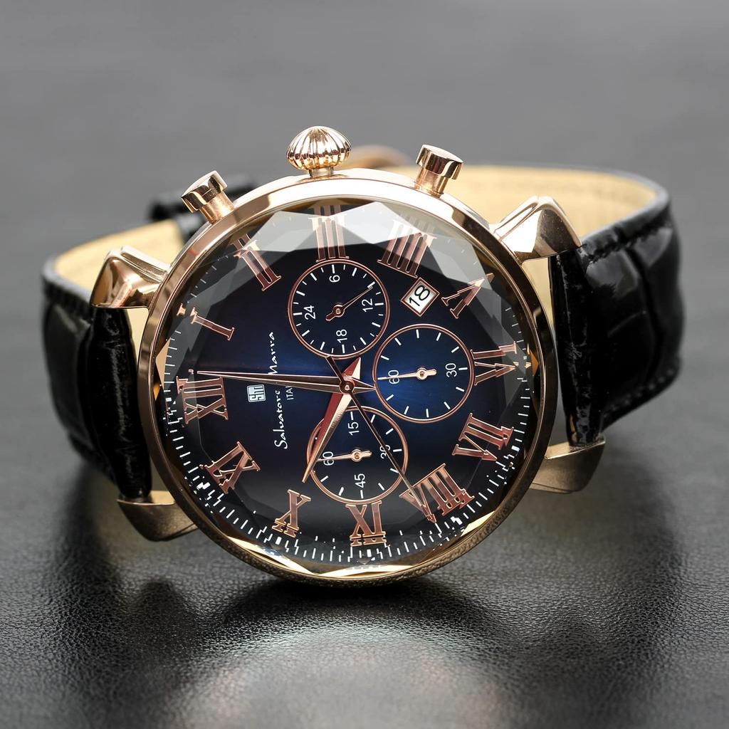 Salvatore Marra Стеклянный хронограф с кожаным градиентом и мужские часы, многогранный ремешок, зеленый, синий, черный, SM19104-PGBLBK