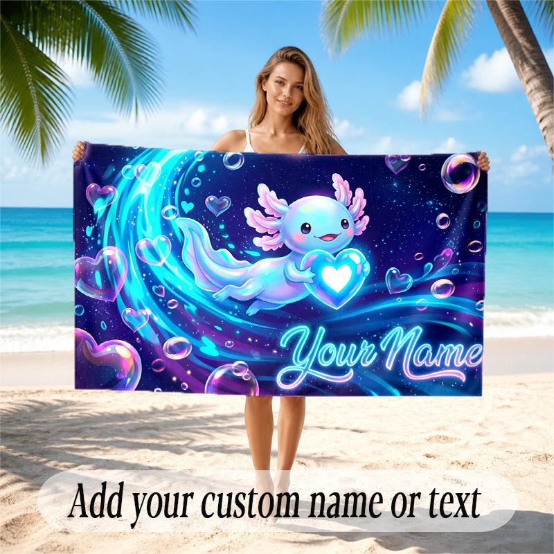 Axolotl Theme Quick Dry Beach Towel Custom Name Text Print Large Sand Resistant Towel Beach Vacation