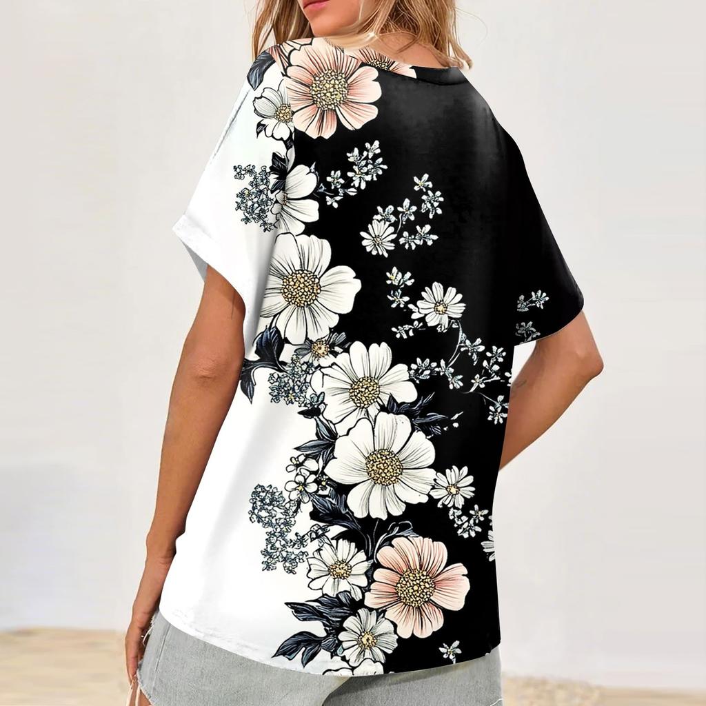 Womens Short Sleeve V-Neck Shirts Floral Print Loose Casual Basic Tees Summer Tops