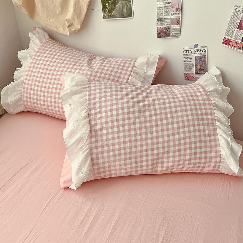 Korean Princess Style Lattice Double Layer Lace Bedding Set Soft Quilt Cover Plaid Style Duvet Covers Set Bed Sheet Pillowcases