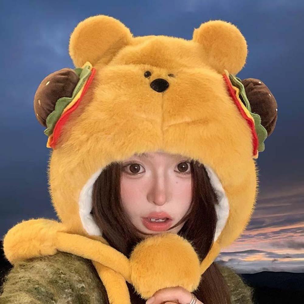 Penguin Winter Plush Hat Cartoon Hamburger Ear Protection Cap Skiing Bear Lei Feng Hat  Autumn