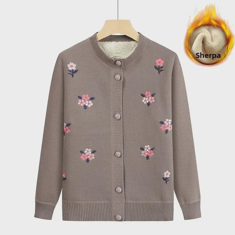 Middle-aged & Elderly Women's Plus Velvet Knitted Cardigan - Autumn/Winter Round-Neck Sweater