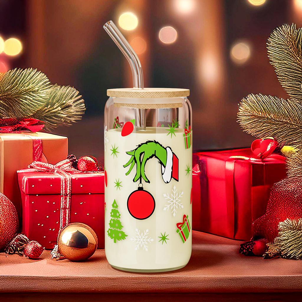 500ml Christmas Glass Cup Xmas Tree High Borosilicate Drinking Glass With Lid&Straw,Brush Juice Coffee Cup Christmas Gifts