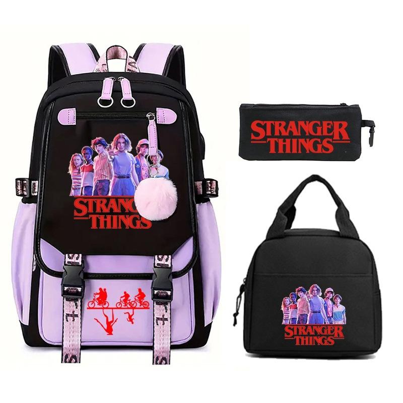 Модный Детский Рюкзак Stranger Things Комбинация Три Предмета Универсальный Для Мальчиков и Девочек Студенческая Школьная Сумка