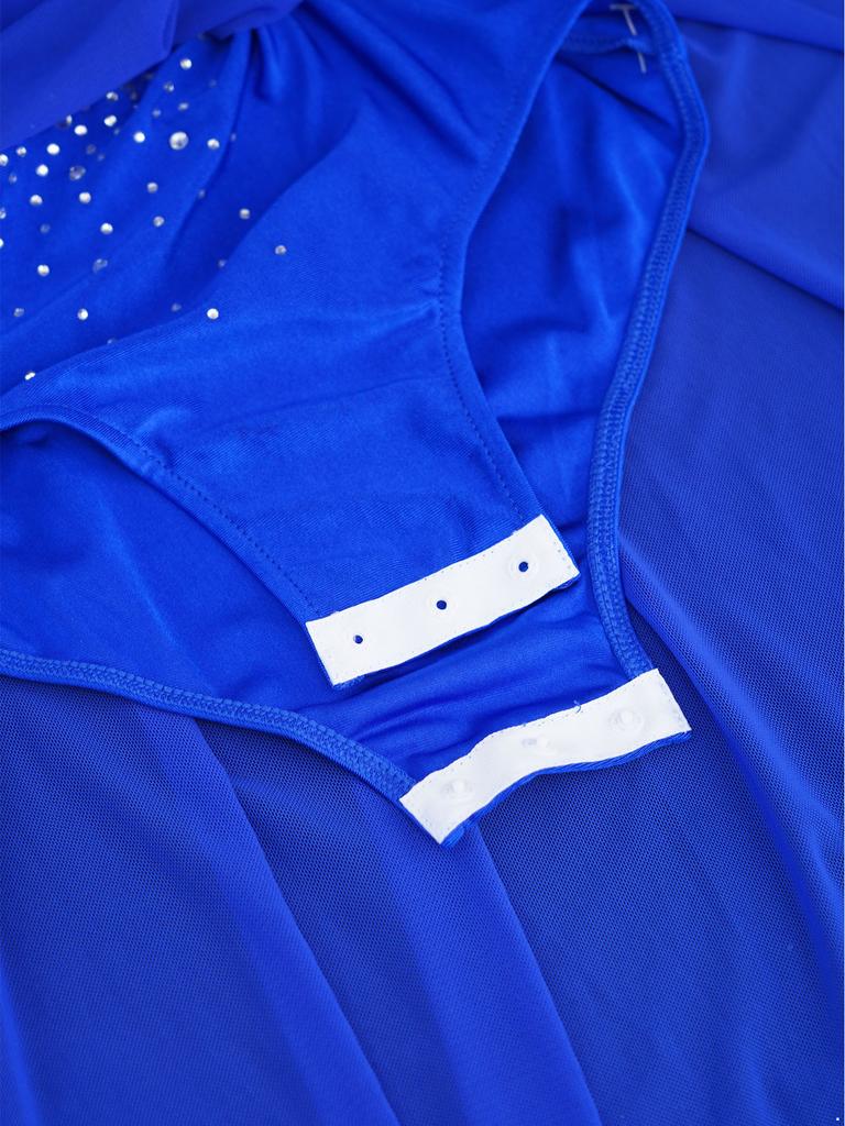 Girls Lyrical Dance Dress Mock Neck Long Sleeve Cutout Back Side Split Sheer Mesh Ruched Leotards