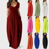 Constantine Fashion Women Casual Plus Size Solid V-Neck Pockets Short Sleeve Long Dress