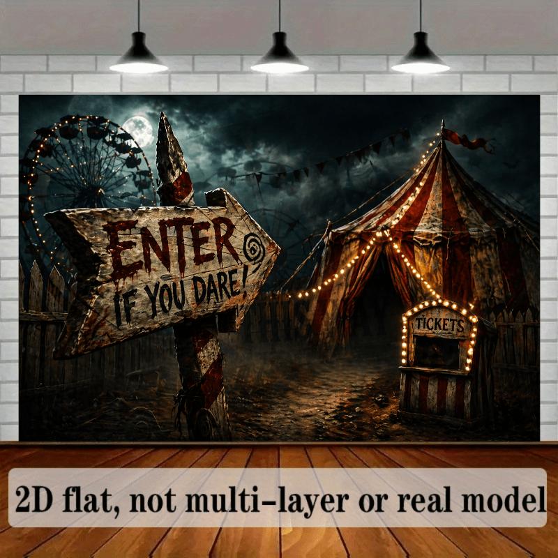 2D flat Halloween horror-themed party banner background. Abandoned circus theme, including distressed signpostsDJH
