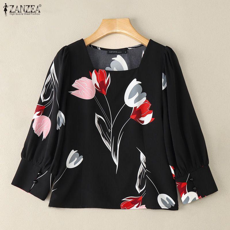 ZANZEA Women Casual Square Collar Summer 3/4 Sleeve Print Blouse