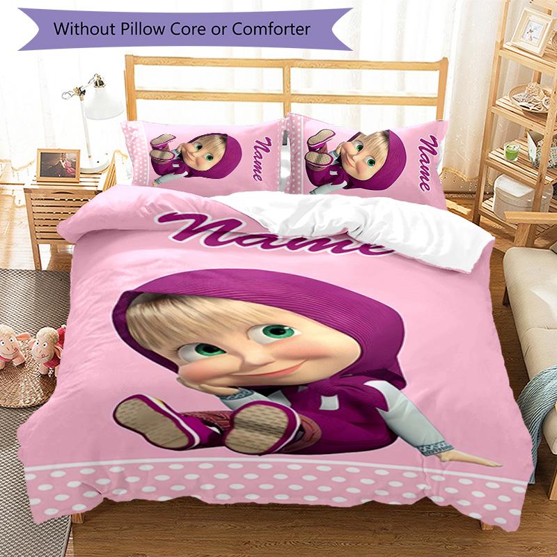 3pcs Masha and the Bear1 Cover Set - Personalized Name, HD Printed Bedding with 1 Cover and 2 Pillowcases - Perfect for Home Decor, Easy Care