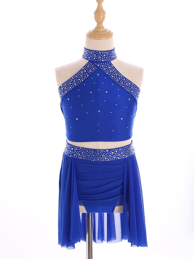 Girls Sparkly Rhinestones Lyrical Ballet Dance Dance Outfit Gymnastics Athletic Activewear Set Dancing Competition Performance