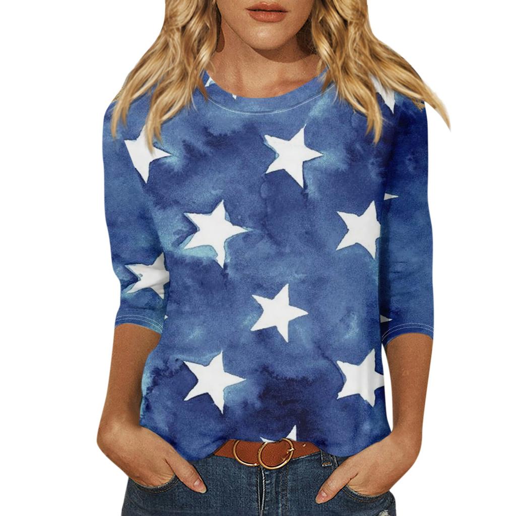 Women's Fashion Casual Round Neck 3/4 Sleeve Loose Independence Day Printed T-Shirt Ladies Top