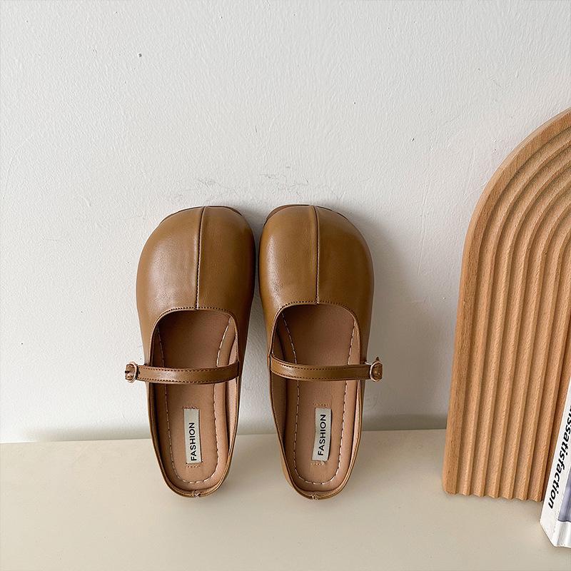 Французские ins сумка голова полутапочки женские летние корейская версия круглый носок мягкая кожа плоская подошва универсальные бабушкины туфли танкетка