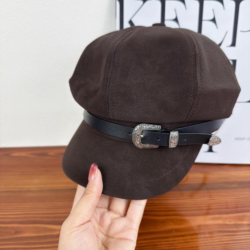 Fashion belt buckle octagonal hat women's autumn and winter temperament versatile face newsboy hat suede retro painter hat