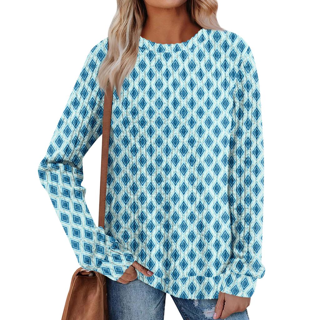 Women's Winter Color-Block Printed Lightweight Brushed-Cotton Round Neck Top