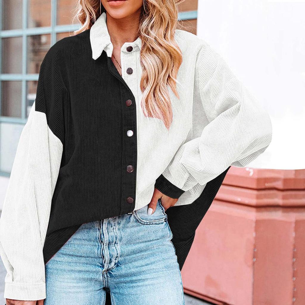 Женская вельветовая рубашка на пуговицах с цветными блоками, вельветовая куртка с длинными рукавами