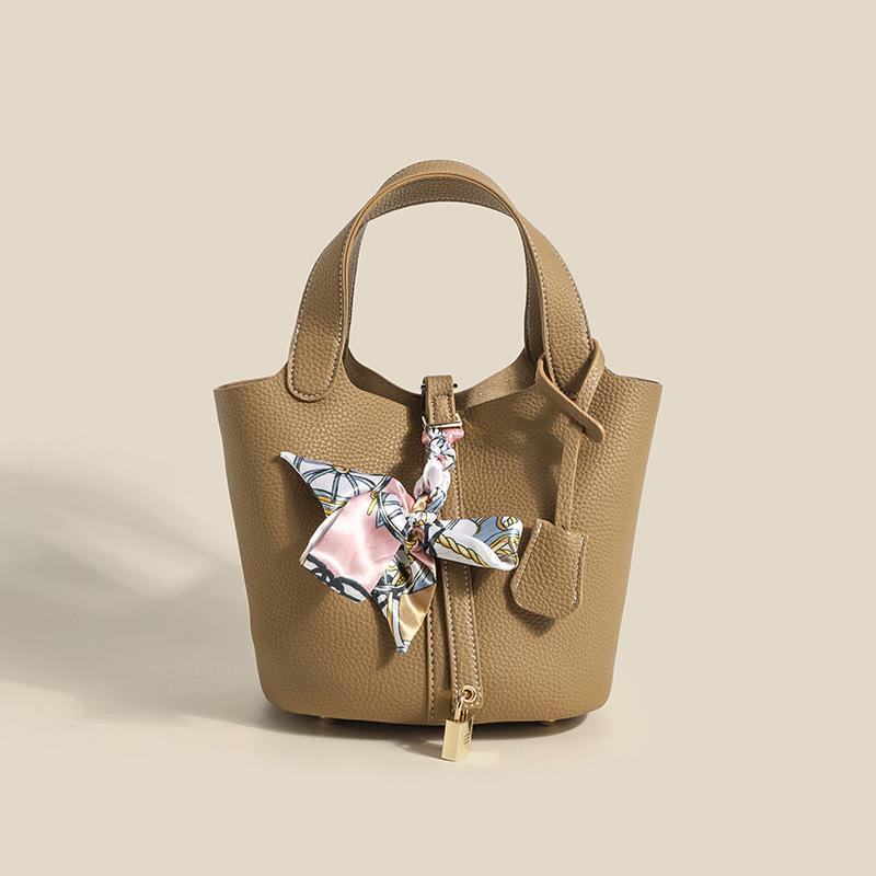 Весенняя женская сумка для работы, модная сумка-ведро, однотонная сумка-корзина, шелковый платок-подвеска, сумочка