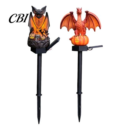 Gothic Style Patio Accessory Solar Powered Dragon/Bat Pumpkin Statue Garden Light, Decorative Stake Lamp, Hand Painted Gold Flame Dragon Lantern