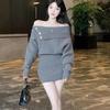 Korean Style Mini Knitted One Piece Dress Women Slash Neck Long Sleeve Grey Dresses Vintage Fall Vestidos