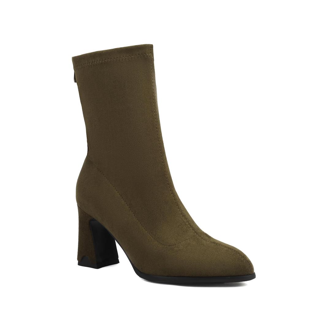 Krazing Pot Флок Осенне-зимняя обувь Странный стиль Каблуки Супер Размер Красивые сапоги с острым носком Теплые ботильоны на молнии