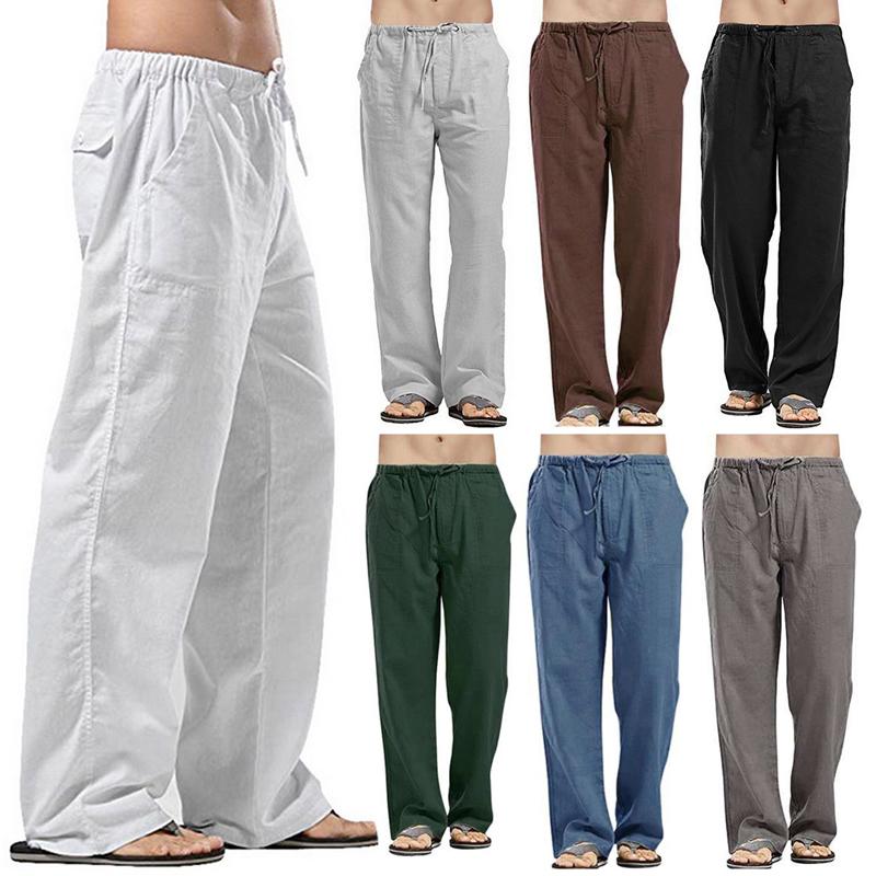 Fall Plus-size Men's Solid Color Casual Pants Street Wear Elasticated Waist Pants Loose Straight Leg Linen Plus Size Cargo Pants