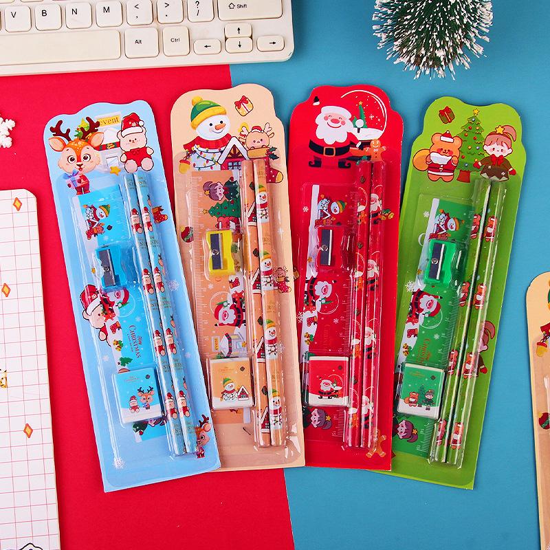 Christmas Gifts Cartoon Stationery Kids Writing Pencil Ruler Eraser Set Boy Girl Birthday Party Favors Stocking Stuffers