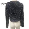 Women Sequin Jacket Big Bow Decor Loose Round Neck Long Sleeves Solid Color Cardigan Coat Short Type Outerwear for Dating Commuting Club Party