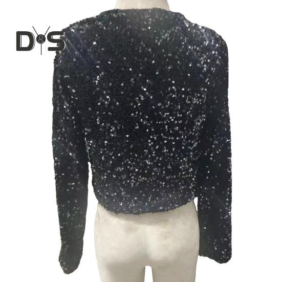 Women Sequin Jacket Big Bow Decor Loose Round Neck Long Sleeves Solid Color Cardigan Coat Short Type Outerwear for Dating Commuting Club Party