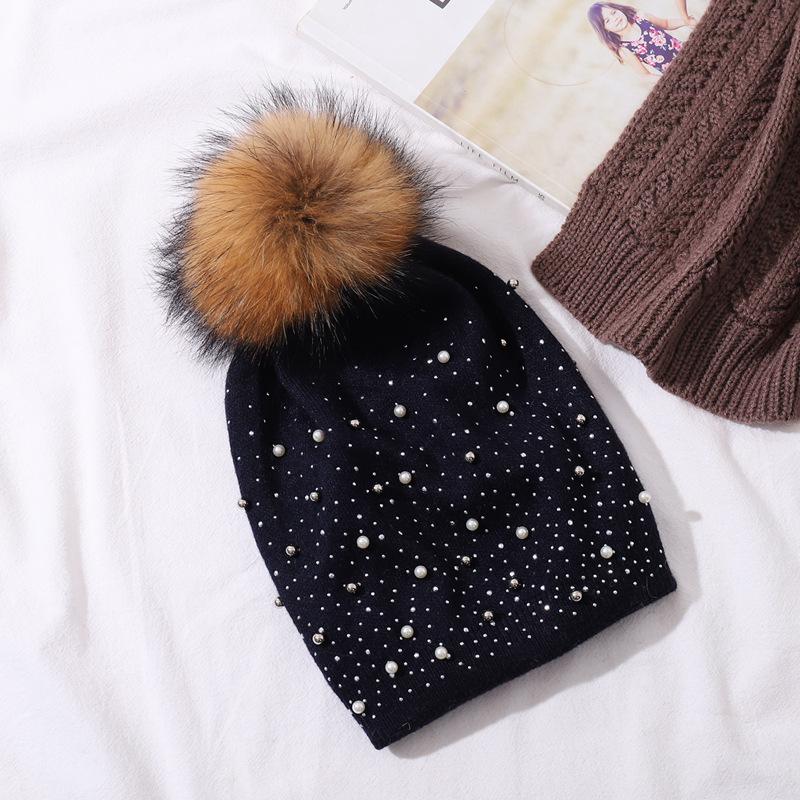 Женский зимний теплый вязаный пуловер с жемчужным шариком енота, однотонная шляпа