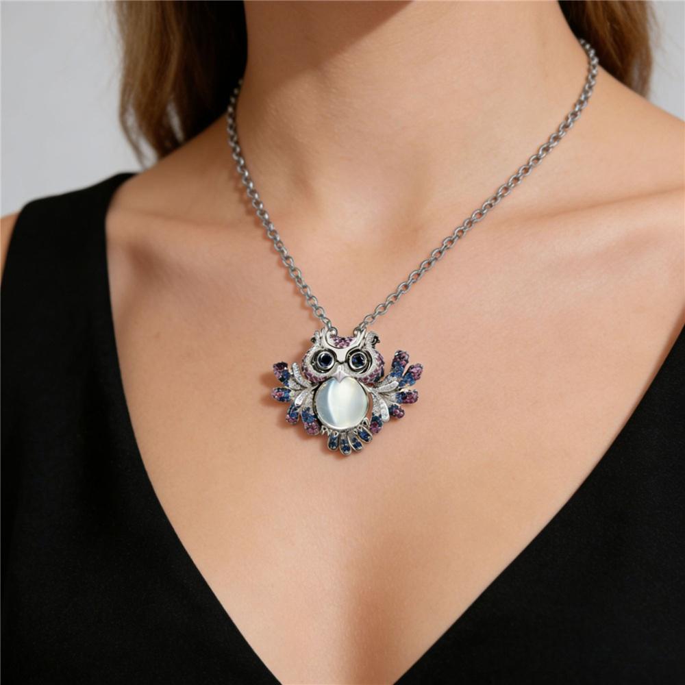 Cute Animal Female Rainbow Zircon Moonstone Owl Pendant Necklace Silver Color Wedding Jewelry For Women