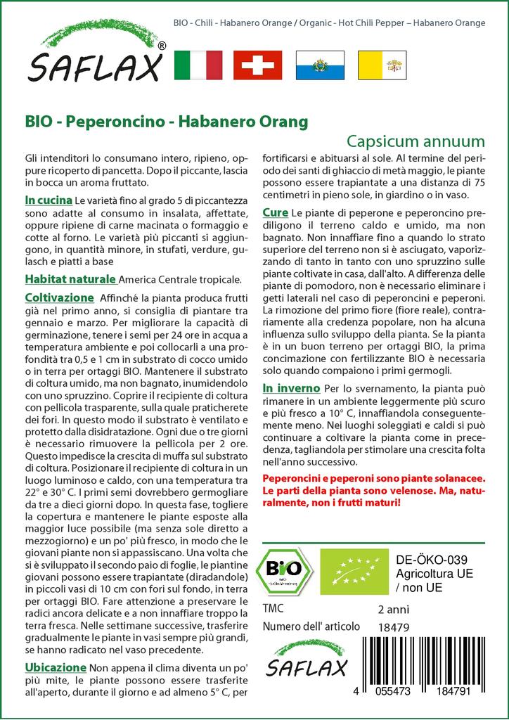 SAFLAX Garden in the Bag - Органический - Острый перец чили - Апельсин Хабанеро - 20 семян - С субстратом в подходящем стоячем пакете - Capsicum annuum