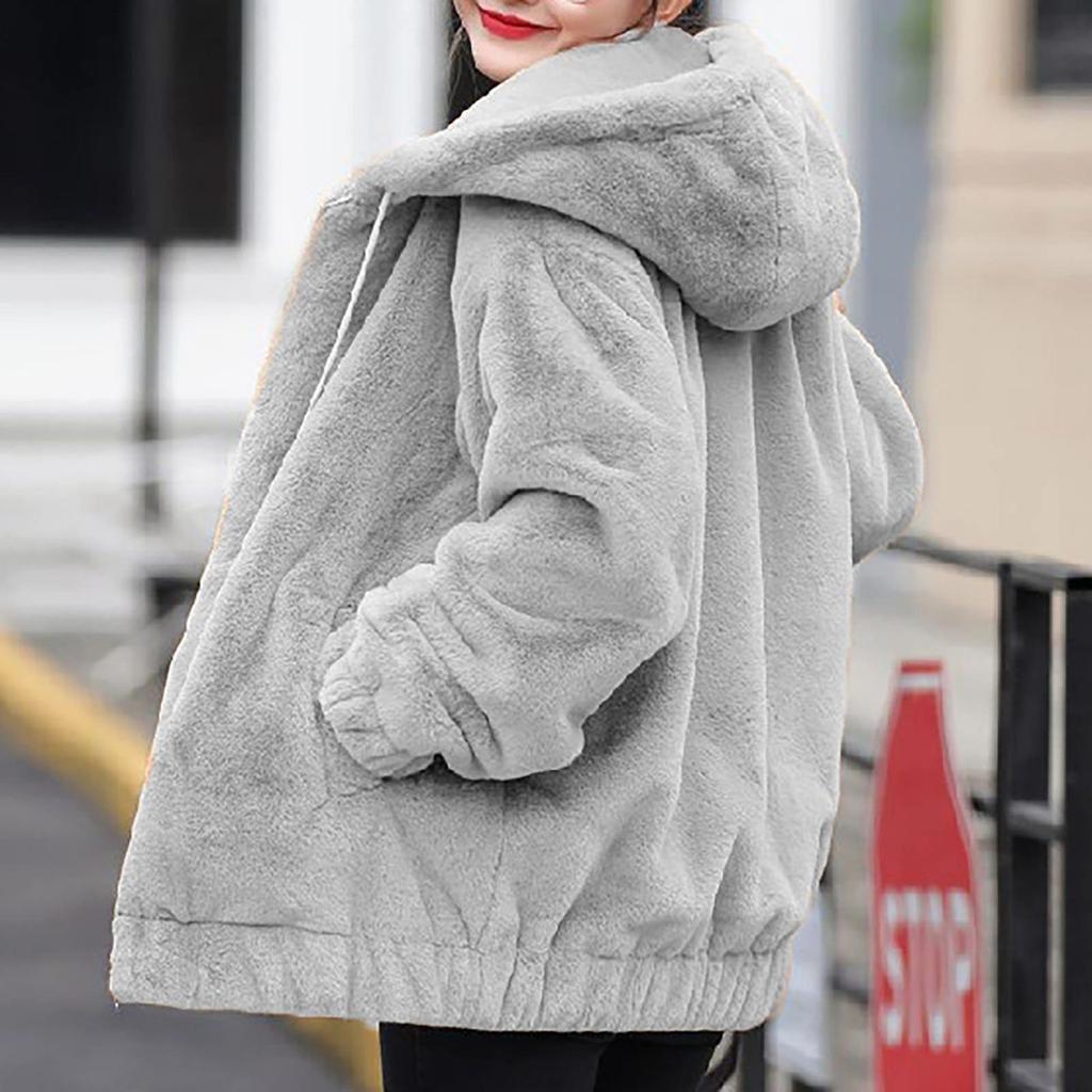 Плюшевая карманная куртка с капюшоном из искусственного кролика для женщин. Свободный плюшевый женский топ с длинными рукавами.