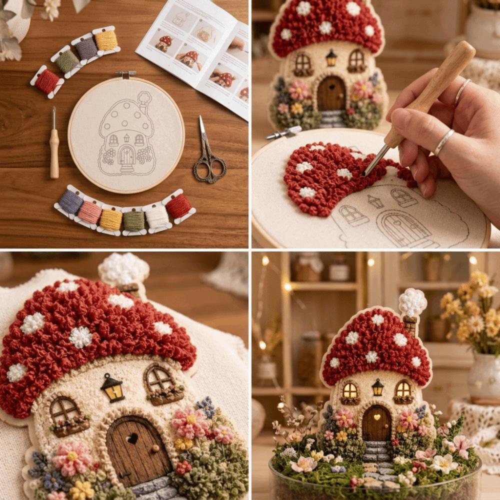 House Scene Poke Art Kit Mushroom Cottage DIY Handmade Set Textile Art Kit Desktop Display