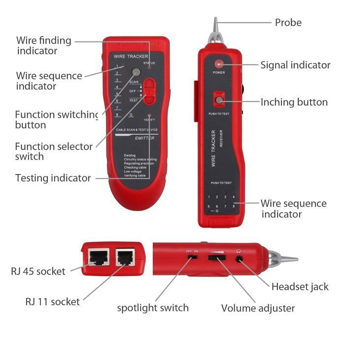 Testeur de câbles - AIMOONSA - Tracker RJ11/RJ45 - Multifonction - Test continuité - Rouge