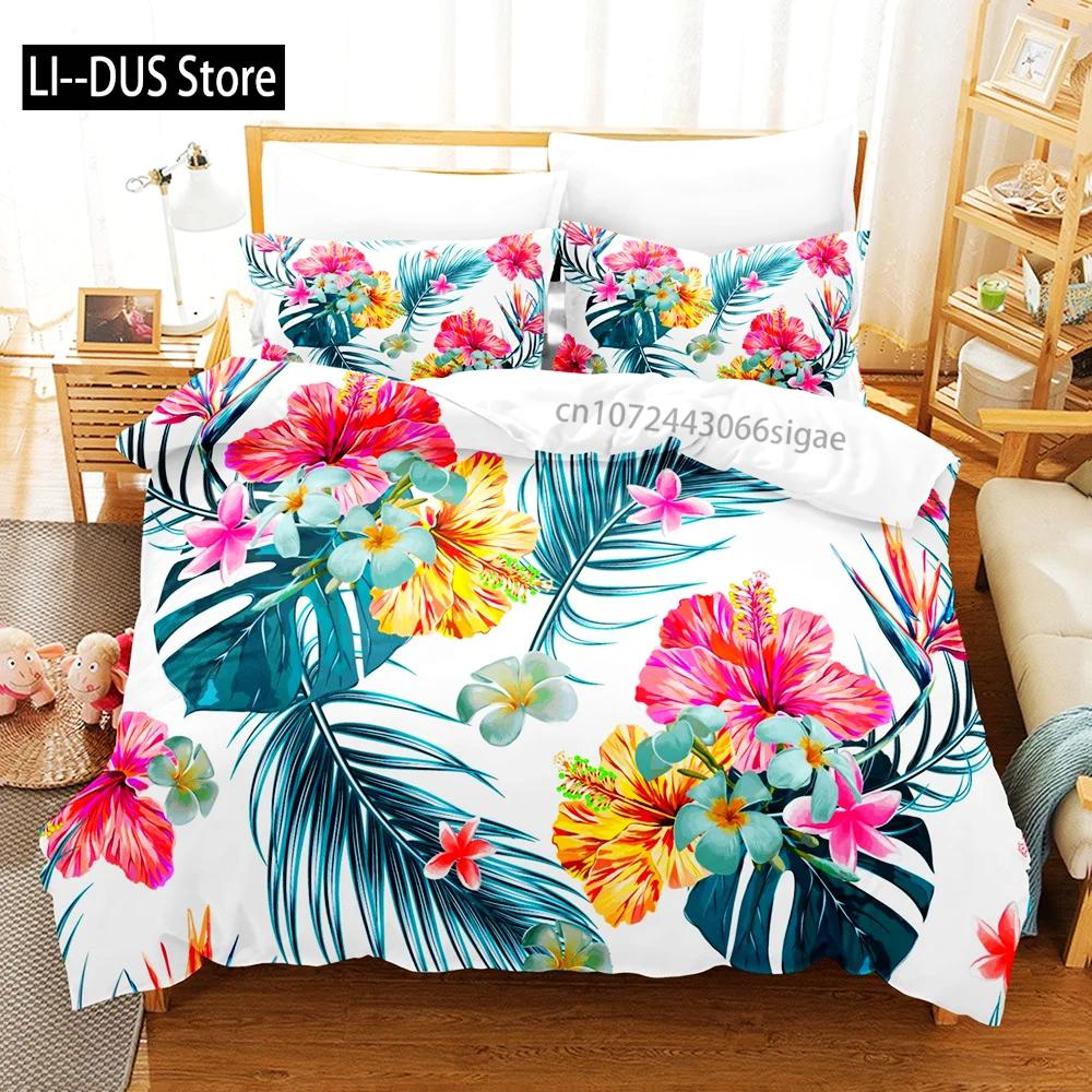 Pink Flamingo Duvet Cover Green Leaves Floral Animal Print Bedding Set For Kids Girls Tropical Pattern Design Bedroom Decor