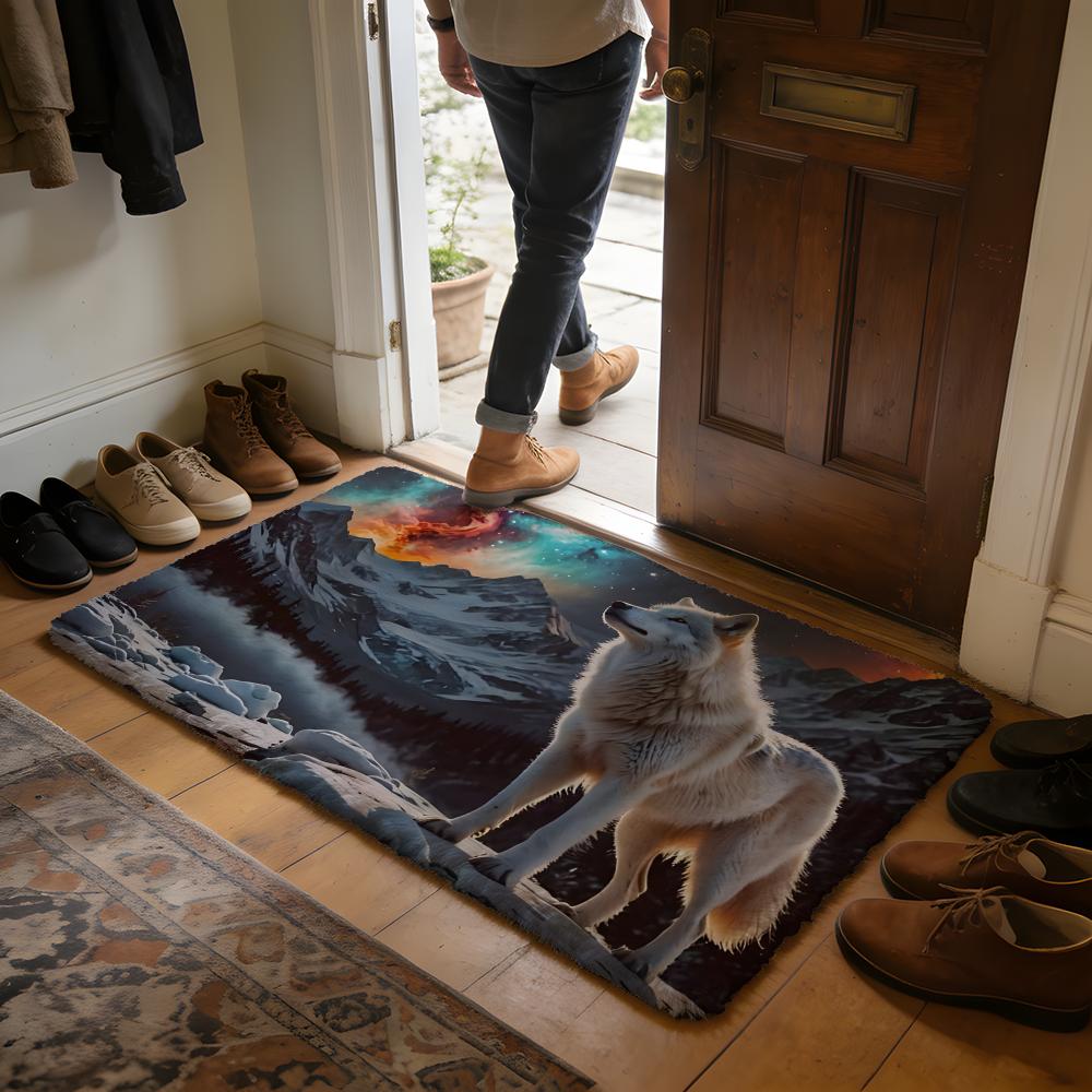 Emo White Wolf Sitting Meme Floor Mat Soft Flannel Absorbent Mat Non-Slip Rug Home Bedroom Bathroom